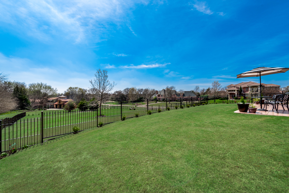    Large Grassy Backyard is Completely Fenced with Wrought Iron Fence 