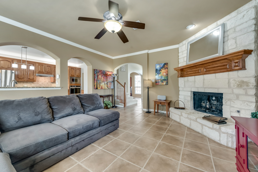    Family Room with Floor to Ceiling Stone Fireplace 