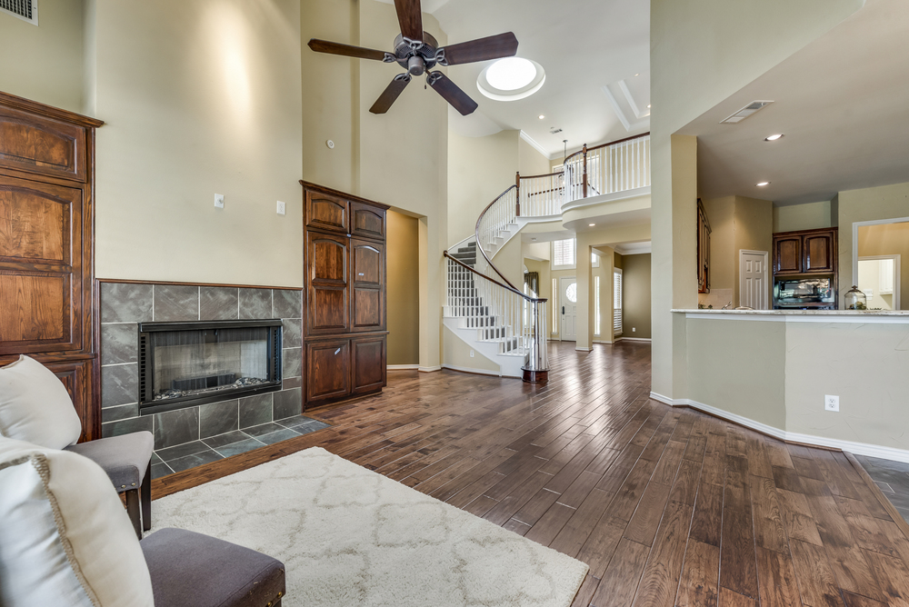    Family Room also features Built Ins and Slate Tile Gas Fireplace 